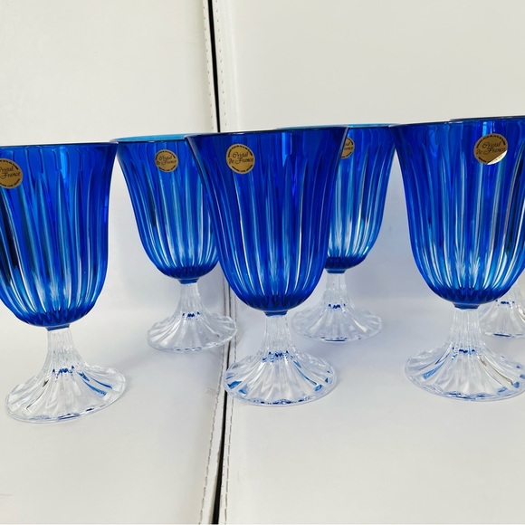 Vintage Crystal De France Blue Genuine Glasses Wine Goblets Of 6 - Picture 11 of 12